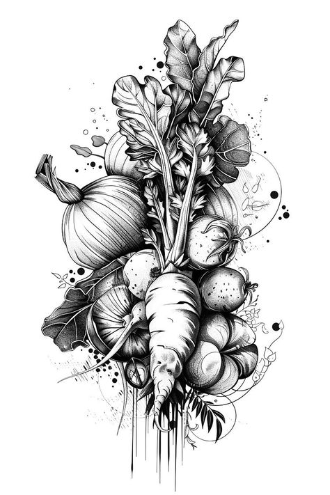 Food Tattoo Sleeve, Vegetable Garden Tattoo, Chef Tatoos Culinary Tattoos, Vegetables Tattoo, Cooking Tattoos, Vegetable Tattoos, Chef Tattoo Ideas, Farmer Tattoo, Vegetable Tattoo