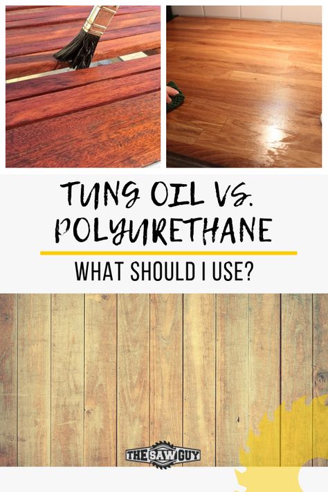 Protect your wood floors and surfaces from damage by sealing them. Unsure how? Click on for our guide on tung oil versus polyurethane. Find out which product is best that coats and seals your flooring, and how to paint it for kitchens, basements, dining rooms, etc. #DIYprojects #diyflooring #tungoil #polyurethane #homeimprovement Tung Oil On Pine Floors, How To Seal Hardwood Floors, How To Seal Wood Floors, Tung Oil Before And After, Staining Plywood, Sealing Wood, Staining Wood Floors, Refinish Wood Floors, Wood Floor Finishes