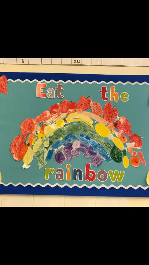 Eat the rainbow display I Can Eat A Rainbow Activity, Healthy Eating Display Board, Eat A Rainbow Preschool, Healthy Eating Display Eyfs, Healthy Eating Display, Eat The Rainbow Activities For Kids, Healthy Eating Eyfs, Nursery Display Boards, Healthy Habits Preschool