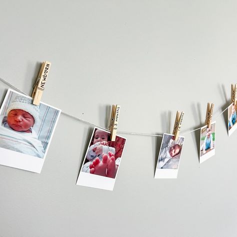 First Birthday Display, One Year Pictures, Photo Garland, Birthday Display, Wood Clips, Garland Decoration, Baby's First Birthday, First Year Photos, 1st Birthday Party Themes