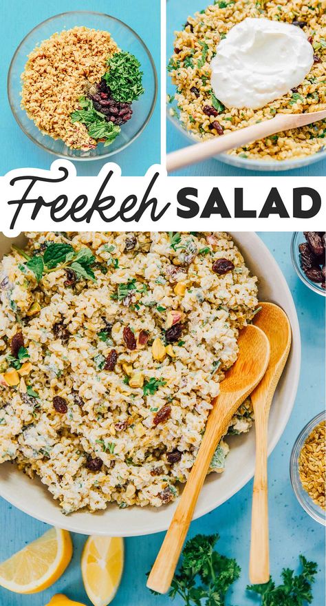 This Freekeh Salad recipe is filled with flavor, protein, and simple ingredients. Topped with a tangy yogurt and lemon juice dressing! #salad #grains #vegetarian #vegan #sidedish #easyrecipe #healthyrecipe #freekeh Freekah Recipes, Freekeh Salad, Freekeh Recipes, Salad With Yogurt Dressing, Dressing Salad, Vegetarian Recipes Dinner Healthy, Vegetarian Salad, Vegetarian Casserole, Healthy Budget