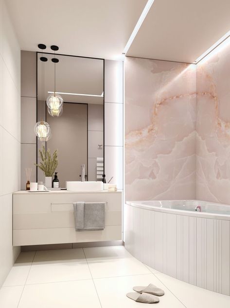 Pink And Marble Bedroom, Modern Pink Bathroom, Luxury Modern Apartment, Pink Tile Bathroom, New Bathroom Designs, Marble Tile Bathroom, Bathroom Design Black, Bespoke Bathroom, Modern Bathroom Interior