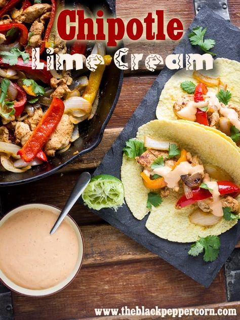 Chipotle Lime Cream Sauce for Fajitas or Tacos - A spicy and zesty sauce that is perfect for tacos, fajitas, or any mexican or tex mex dishes. This ranch style sauce is made with chipotle peppers, sour cream and lime. Sauce For Fajitas, Lime Cream Sauce, Fajita Sauce, Taco Sauce Recipes, Fajita Tacos, Mexican Sauce, Zesty Sauce, Chipotle Peppers, Lime Cream