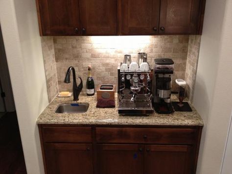 Our lake house renovation will include a coffee/wine corner.  Home-barista.com seems like a great resource to help plan for it! Coffee Corner With Sink, Elevated Cabinets, Expresso Bar, Lake House Renovation, Wine Corner, Coffee Counter, Coin Café, Beverage Bar, Bar Wedding