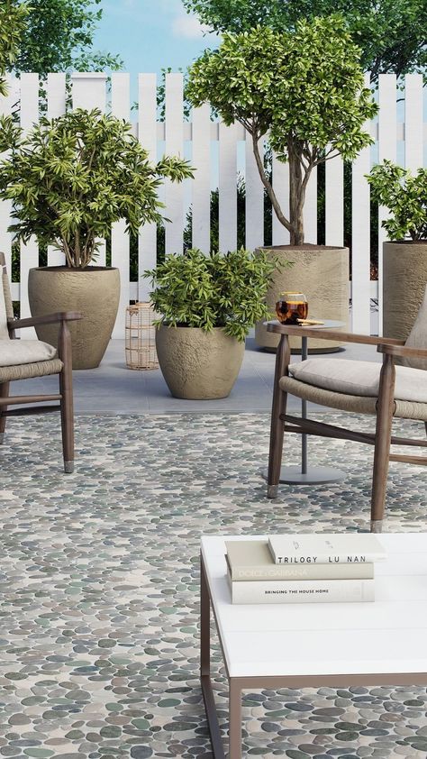 Transform your outdoor patio into a serene haven with pebble flooring. Carefully selected and handpicked for size, color, and flatness, Perfect Pebble stones ensure a seamlessly harmonious surface. These flawlessly smooth stone tiles come in a variety of soothing neutral tones. Click this pin to discover more inspiring ideas for pebble flooring.  Featured product: Perfect Pebble Juniper Natural Pebble Mosaic Tile, Pebble Floor, Pebble Tile, Pebble Mosaic, Flooring Inspiration, Pebble Stone, Patio And Garden, Nature Inspired Design, Outdoor Design