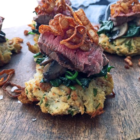 Crispy Shallot, Steak and Crab Cake Stack Romantic Dinner Recipes Easy, Surf N Turf Recipes, Jumbo Lump Crab, Lump Crab Meat, Night Dinner Recipes, Italian Parsley, Ny Strip Steak, Lump Crab, Crispy Shallots