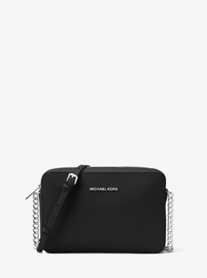 Jet Set Travel Large Saffiano Leather Crossbody | Michael Kors Michael Kors Handbags Black, Large Crossbody Bags, Compact Bag, Michael Kors Crossbody Bag, Mk Bags, Bags Black, Michael Kors Crossbody, Designer Crossbody Bags, Handbags Michael Kors