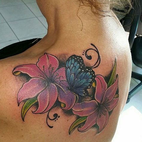 Butterfly Tattoos with Flowers on Upper Back @DdDANNYdD Flower And Butterfly Tattoos, Butterfly And Flowers Tattoo, Rose And Butterfly Tattoo, Butterfly With Flowers Tattoo, Lillies Tattoo, Tattoo Son, Butterfly Tattoo On Shoulder, Butterfly Back Tattoo, Upper Back Tattoos