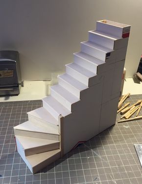 I have finally finished my stairs for the farmhouse and thought I would share the photos. I didn’t write directions but it is ... Dollhouse Staircase, Diy Barbie House, Doll House Plans, Diy Stairs, Cardboard House, Dolls House Interiors, Barbie Doll House, Miniature Rooms, Modern Dollhouse