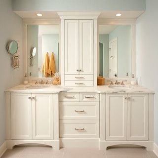 Upper cupboard & drawers, can lighting Bathroom Vanity Tower Ideas, Bathroom Vanity Ideas Double Sink, Master Bath Vanity Ideas Double Sinks, Bathroom Freestanding, Bath Redo, Large Bathroom, Primary Bathroom, Bad Inspiration, Vanity Design