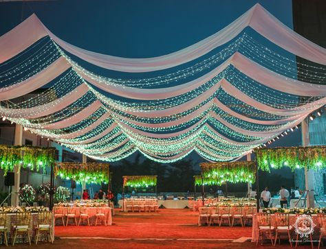 The lights look as pretty as the twinkling stars and we are here to make your wedding of dreams look more prettier than your dreams ✨❤️ #SamaniDecorators #themedecor #weddingdecor #decorideas #weddingdecoration #decorinspiration #inspiration #decorinspo #weddings #indianweddings #bigfatindianwedding #weddingday #engagementdecor #mehendidecor #eventplanners #destination Lawn Wedding Decor Indian Night, Wedding Pandal Decoration, Engagement Decorations Indian Stage Simple, Wedding Pandal, Gazebo With Lights, Engagement Decorations Indian, Gazebo Wedding Decorations, Navy House, Wedding Gazebo