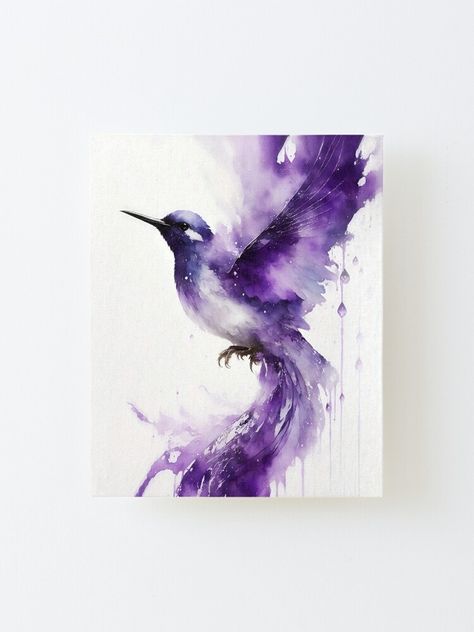 Watercolor painting of a purple hummingbird. Perfect for decorating your spaces, creating a luxurious, sophisticated, and relaxing ambiance.

* Easy-to-hang canvas print with that airy "floating off the wall" look
* Canvas is 15/64 inch (4mm) thick with clean folded edges
* With wooden rear spacer, print stands 3/4 inch (2cm) away from the wall
* Mount directly to the wall using included 3M tabs
* No nails, screws, or holes in the wall required Purple Bird Art, Mystical Watercolor Painting, Purple Watercolor Painting, Easy Watercolour Ideas, Purple Painting Ideas On Canvas, Watercolor Birds Easy, Humming Bird Watercolor, Hummingbird Watercolour, Hummingbird Watercolor Painting