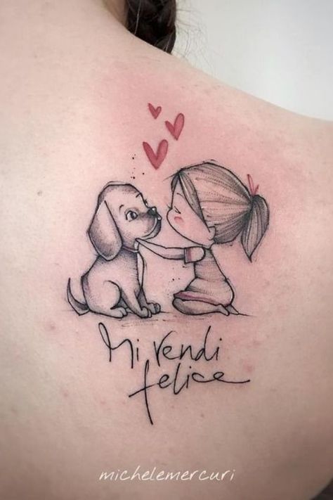 "Mi Vendi Felice" - Make me happy, tattoo of a girl and her dog on the shoulder 🐶 | www.otziapp.com Tatoo Dog, Sketch Tattoos, Tattoo Diy, Dog Paw Tattoo, Tattoo Magazine, Illustration Tattoo, Disney Tattoo, Geniale Tattoos, Gorgeous Tattoos