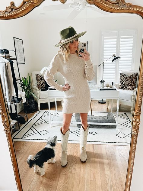 Cowboy Boots Fall Outfit, Cream Cowboy Boots, Cowboy Boots Outfit Fall, White Cowboy Boots Outfit, Western Fall Outfits, Dress And Cowboy Boots, Cream Sweater Dress, Cowboy Boot Outfits, White Boots Outfit