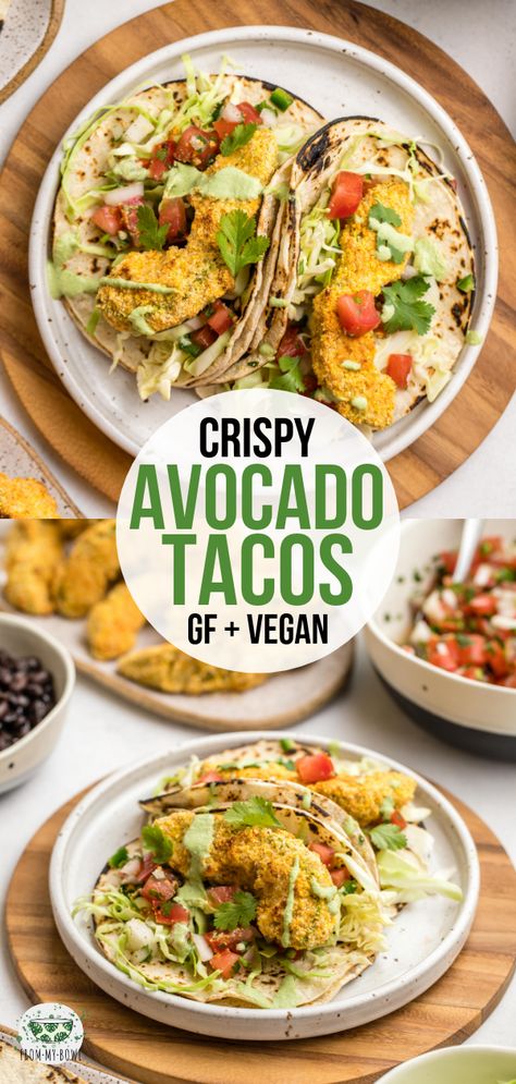 These oven-baked crispy Avocados Tacos are the perfect balance of crunchy, creamy and spicy. Plus, they're naturally vegan, gluten-free, and oil-free! #avocado #tacos #glutenfree #dairyfree #vegan | frommybowl.com Vegan Crispy Tacos, Crispy Avocado Tacos, Crispy Avo Pizza, Vegan Soft Tacos, Baked Avocado Tacos, Crispy Avocado, Avocado Tacos, Avocado Taco, Grilled Portobello