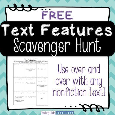 Freebie - Text Features Scavenger Hunt.  Students use any nonfiction book to "hunt" for certain text features.  Reusable and great for third grade or fourth grade students. My Text, Nonfiction Text Features, Fiction Text, Teaching Third Grade, Third Grade Reading, 5th Grade Reading, Nonfiction Reading, 4th Grade Reading, 3rd Grade Reading