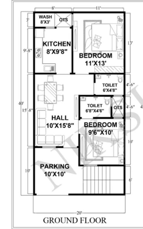 40 X 20 Floor Plans, 30×33 House Plan, 17×40 House Plan 2bhk, 19×40 House Plan, 17×30 House Plan, 40×20 House Plans, 20’x50’ House Plan, House Plan 20'x40', 33×33 House Plans