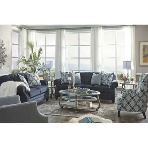 Navy And White Living Room, Blue Couch Living, Blue Couch Living Room, Cheap Living Room Sets, Navy Sofa, Navy Living Rooms, Furnitur Ruang Keluarga, Set Sofa, Sofa Loveseat