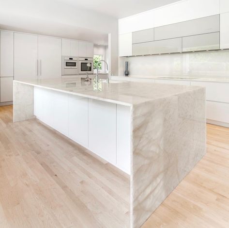 White Quartzite Kitchen, Cristallo Quartzite, Driftwood Kitchen, White Granite Slabs, White Quartzite Countertops, Ivory Kitchen, Kitchen Triangle, Natural Stone Countertops, Quartz Kitchen Countertops