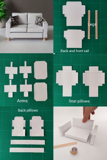 Two-seat sofa model made out of paper. Perfect for dollhouses and dioramas. The video tutorial provides the dimension for each component. Diy Miniature Furniture, Doll Furniture Tutorial, Dollhouse Furniture Tutorials, Sofa Simple, Making Miniatures, Barbie House Furniture, Diy Barbie House, Furniture Design Sketches, Dollhouse Miniature Tutorials