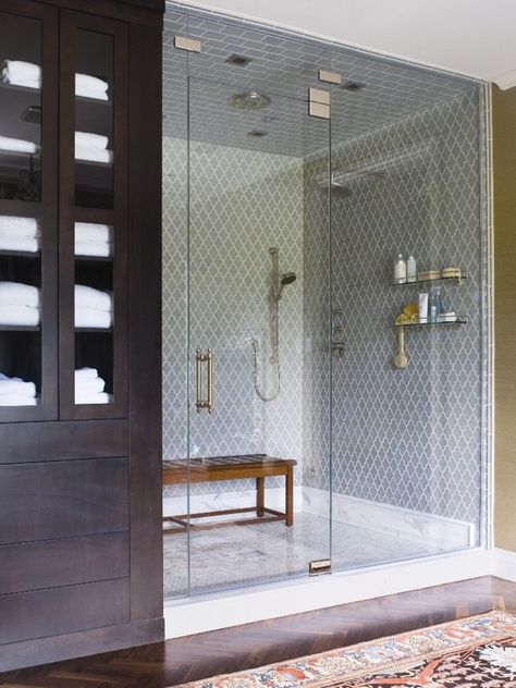 Love the tile in the shower Rug In Bathroom, Shadow Walker, Shower Interior, Spa Inspired Bathrooms, Frameless Door, Walker Zanger, Master Bathrooms, Eclectic Bathroom, Bath Renovation