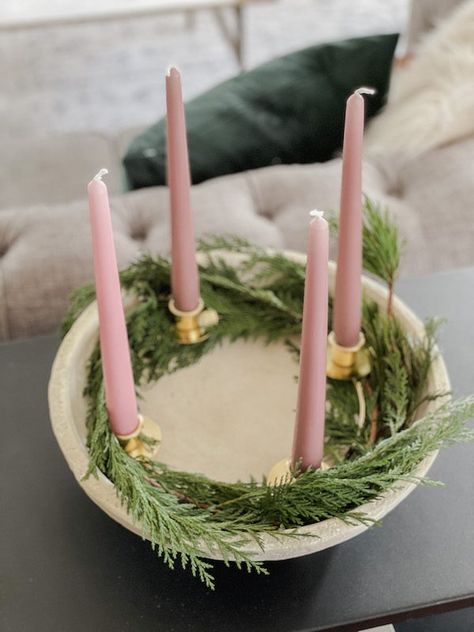 Easy Modern Catholic Advent Wreath DIY (Plus Printable Prayers) - hostessology Pottery Advent Wreath, Minimalist Advent Wreath, Modern Advent Wreath Ideas, Diy Advent Candle Holder, Catholic Advent Wreath, Advent Wreath Prayers, Advent Ring, Catholic Advent, Ring Candles