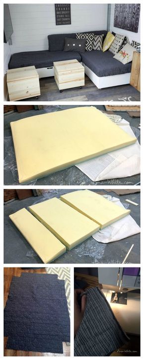 make cushions from foam mattresses and coverlets Diy Sectional Sofa, Diy Sectional, Recycle Furniture, Koti Diy, Tiny House Storage, Woodworking Shows, Carpentry Projects, Pallet Sofa, Cushions To Make