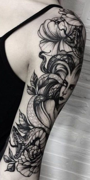 15 Best Snake Half Sleeve Tattoo Designs Snake Half Sleeve Tattoo, Demi Tattoo, Sleeve Tattoo Designs, Cool Tattoos For Girls, Cool Half Sleeve Tattoos, Medusa Tattoo Design, Tattoos For Women Half Sleeve, Inspiration Tattoos, Medusa Tattoo