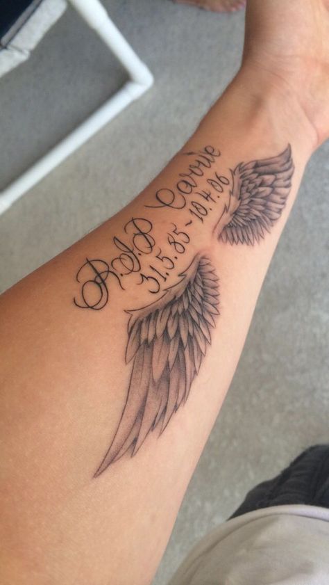 Angel Wing Tattoo Memorial, Tattoos In Memory, Angel Wing Tattoos, Rip Tattoos For Dad, Dad Daughter Tattoo, Tattoos On Arm, In Loving Memory Tattoos, Wing Tattoos, Rip Tattoo