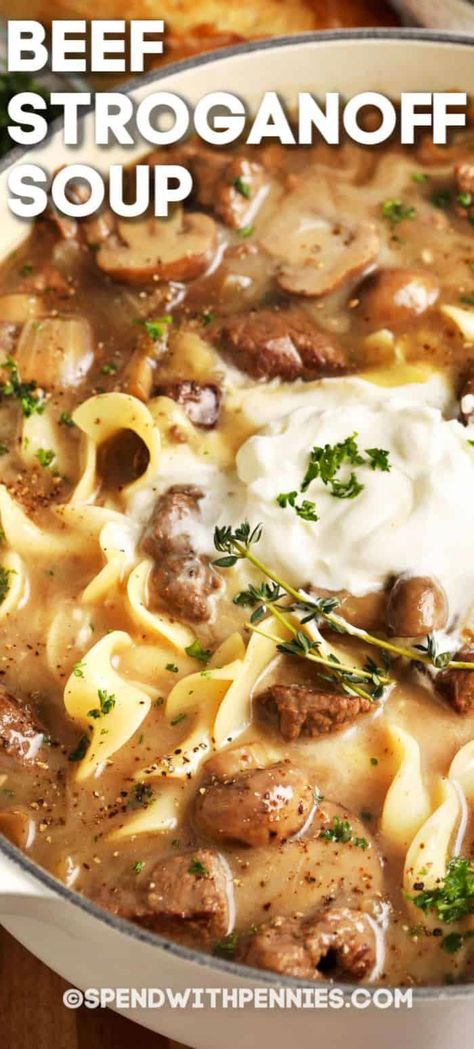 Creamy Beef Stroganoff Soup is made with tender chunks of beef, mushrooms & noodles in an extra-delicious broth enhanced with red wine and sour cream. #GlobalSoupDiscoveries Beef Stroganoff Soup, Stroganoff Soup, Creamy Beef Stroganoff, Soup Slow Cooker, Soups Recipes, Cooking Soup, Spend With Pennies, Tasty Foods, Beef Stroganoff