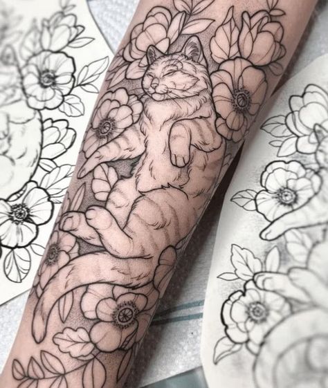 Botanical Cat Tattoo, Cat Markings Tattoo, Cat Sleeve Tattoo, Cat Tattoo Sleeve, Cat Memorial Tattoo, Pet Tattoo Ideas, Pet Tattoos, Kitty Tattoo, 10 Tattoo