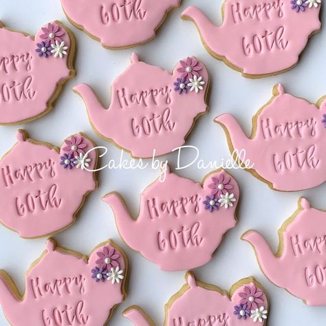 Cakes.by.danielle on Instagram: “Teapot cookies to help celebrate your birthday, High Tea style💖 . . . #birthdaycookies #60thbirthdaycookies #highteaparty #highteacookies…” High Tea 60th Birthday Party, Tea Party 60th Birthday, 70th Birthday Ideas For Mom, Grandmas Birthday, Teapot Cake, Teapot Cookies, Ladies Tea, Birthday Souvenir, High Tea Party