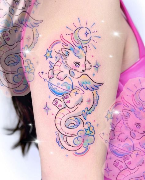 Cartoon Tattoos Women, Smol Tattoos, Tattoo Doodles, My Little Pony Tattoo, Celestial Fairy, Whimsical Celestial, Pastel Tattoo, Pig Tattoo, Small Dragon Tattoos