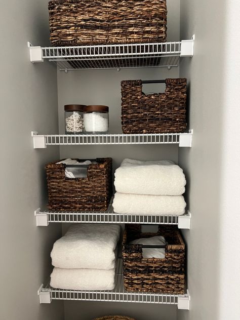 Closet organization linen closet basket organization closet organization Closet Linen Storage, Bathroom Shelving Storage Ideas, Bathroom Closet Organization Storage, Wire Shelf Linen Closet, Linen Closet Organization Ideas Bathroom, Deep Linen Closet Organization Ideas, Linen Closet Shelving Ideas Diy, Bathroom Closet Open Shelving, Linen Shelf