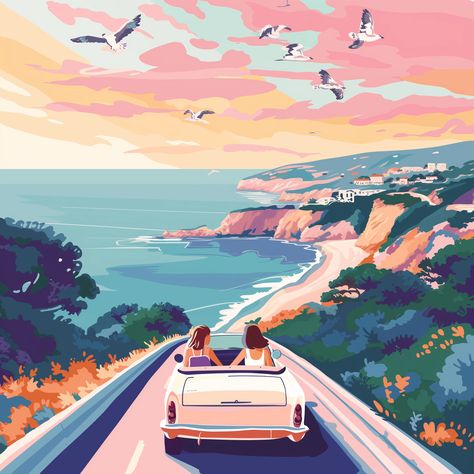 💎🎨Travel Wall Art with Midjourney Prompts - Go to the Link in my Bio🖱️🔗 Couple In Car Illustration, The Sea Illustration, Couple In Car, Cards Poster, Hawaii Shirts, Sea Illustration, Car Illustration, Travel Wall Art, Travel Wall