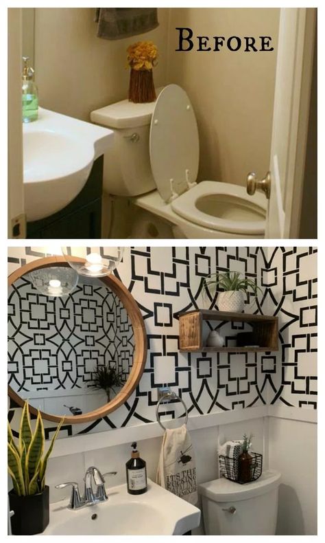 40 Wallpaper Transformations that will Blow you Away!!! - Nesting With Grace Bilik Mandi Kecil, Makeover Kamar Mandi, Half Bathroom Decor, Nesting With Grace, Bilik Air, Wallpaper Accent Wall, Downstairs Bathroom, Decor Baie, Bathroom Redo