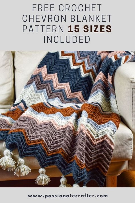 Super easy crochet chevron blanket. 15 sizes available for you and loved ones. From baby to adult sizes.Preemie, Lapghan, Small Throw to King size. King Size Quilt Patterns Free, Crochet Chevron Blanket, Chevron Crochet Blanket Pattern, Chevron Crochet Patterns, Crochet Ripple Afghan, Zig Zag Crochet, Crochet Blanket Chevron, Crochet Chevron, Striped Crochet Blanket