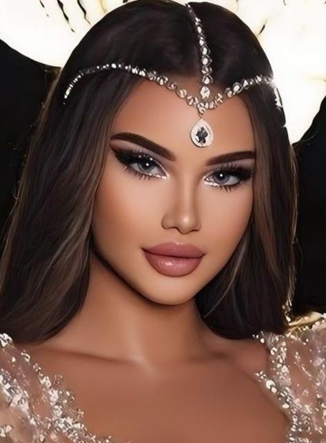 Arabian Headpiece Jewelry, Queen Makeup Royal, Arabic Wedding Makeup, Arab Makeup Looks, Arabian Hairstyle, Arabian Makeup Look, Arabian Eye Makeup, Arabic Makeup Looks, Arab Makeup