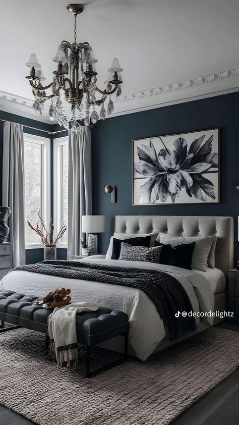 Dark Blue Bedrooms, Bedroom Decor Cozy, Bedroom Color Schemes, Bedroom Refresh, Blue Bedroom, Master Bedrooms Decor, Remodel Bedroom, Bedroom Decoration, Bedroom Colors