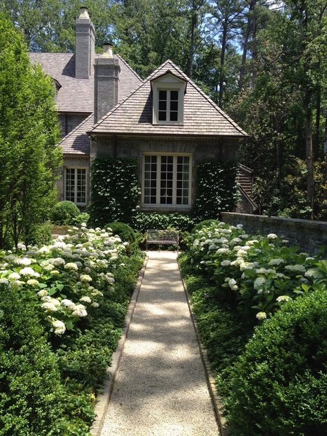 Historical Home Landscaping, French Style Landscaping, French Front Yard, White House Landscaping, Ligustrum Landscaping, European Yard, Hydrangea Landscaping Front Yards, Farmhouse Pathway, Texas Front Yard Landscaping Ideas