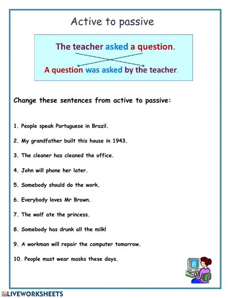 Active to passive - Interactive worksheet Passive Active Worksheet, Active To Passive Exercises, Passive And Active Voice Worksheet, Active Voice Worksheet, Active Passive Voice Worksheets, Passive Worksheet, Passive Voice Worksheet, Active And Passive Voice, Passive Voice