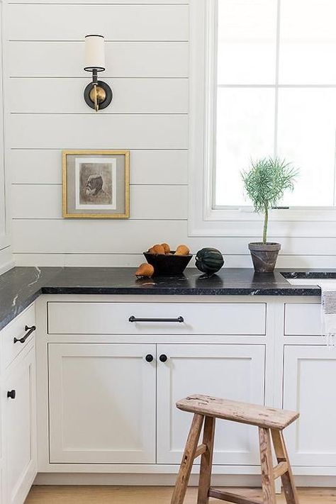 modern kitchen with shiplap backsplash Timeless Black And White Kitchen, Black Counter White Sink, White Cabinet Black Hardware, Kitchen Black Accents, White Kitchen Black Hardware, Black Soapstone Countertops, White Cabinets Black Hardware, White Cabinets Black Granite, Black Granite Countertops Kitchen