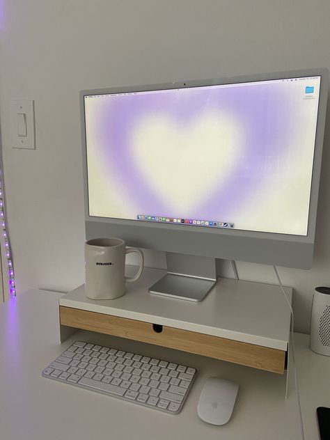 Imac Setup, Imac Desk, Imac Desk Setup, Purple Desk, Dream Desk, Study Desk Decor, Desktop Setup, Desk Inspo, My Person