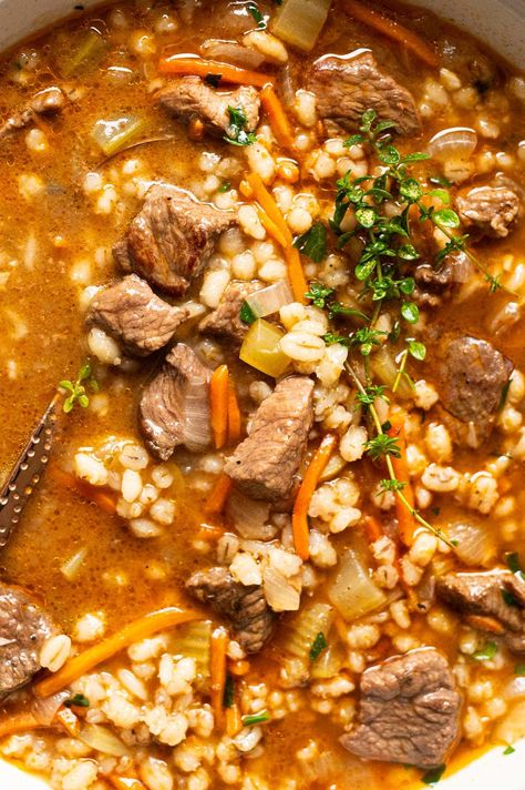 This Beef Barley Soup is flavorful, incredibly easy and satisfying on a cold day. Healthy one pot meal ready in an hour with ground beef, hulled barley and vegetables. So good! Prime Rib And Barley Soup, Steak And Barley Soup, Bean Barley Soup, Quick Beef Barley Soup, Beef Barley Soup With Mushrooms, Prime Rib Beef Barley Soup, Prime Rib Barley Soup, Beef Barley Soup With Ground Beef, Beef Barley Soup Recipes Slow Cooker