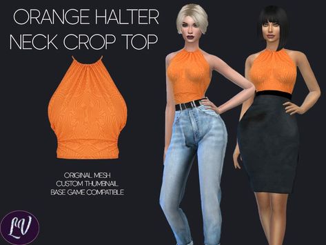 sims 4 clothes, tsr Sims 4 Cc Orange Clothes, Orange Clothes, Cc Top, Halter Neck Crop Top, Female Clothes, Orange Outfit, Sims 1, Orange Top, Orange Shirt