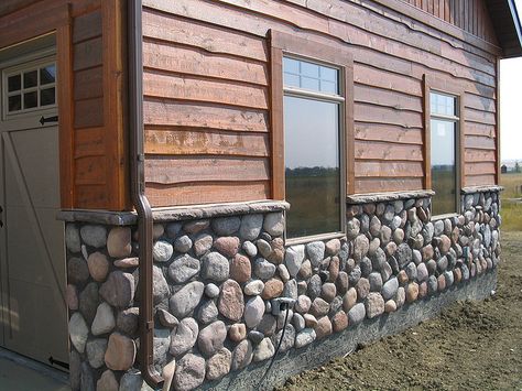 cedar siding with river rock homes Rock Siding, Wood Siding Exterior, Log Siding, Hardscape Design, Cabin Exterior, Cedar Homes, Cedar Siding, Exterior Remodel, Rock Wall