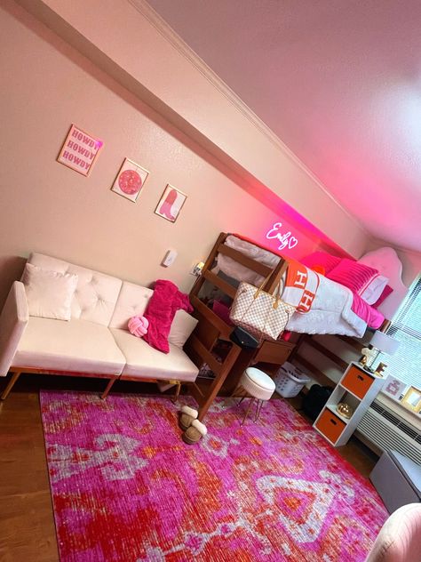 #pinksndorangedorm Preppy Dorm Room Ideas Pink And Orange, Hot Pink And Orange Room Decor, Pink Dorm Rooms Ideas, Red And Pink Dorm Room, Orange Pink Dorm Room, Pink Orange And Blue Dorm Room, Bright Color Dorm Room, Pink And Orange Dorm Decor, Pink And Orange Dorm Room Ideas