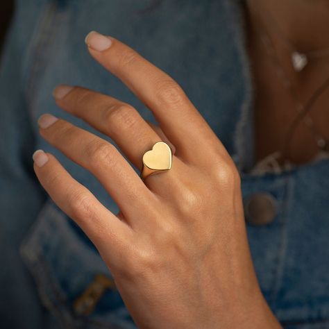 Heart Signet Ring 14K / 18K Solid Yellow Gold, Stacking Ring, Heart Shape Ring, Stamping Heart Ring, Custom Signet Ring, Large Gold Ring - Etsy Heart Shape Gold Ring, Jewelry Photography Tutorial, Large Gold Ring, Ring Heart Shape, Heart Signet Ring, Heart Shape Ring, Wedding Ring Sets Unique, Custom Signet Ring, Minimal Gold