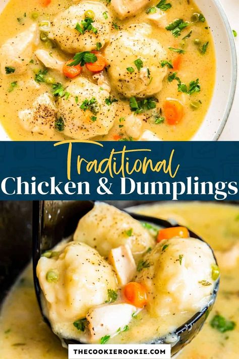 When it comes to pure comfort food, you really cannot go wrong with a classic chicken and dumplings recipe. Made from scratch, this traditional dish is sure to warm your body and soul! Chicken Dumplings Crockpot Homemade, Chicken And Dumplings For A Crowd, Chicken Ans Dumplings, Chicken And Dumplings For Two, Stewed Chicken And Dumplings, Stove Top Chicken And Dumplings, Chicken And Dumplings Recipe Easy, Comfort Meatballs, Chicken And Dumplin Recipe