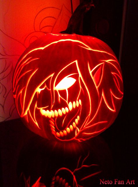 Shingeki no Kyojin - Eren Titan (Pumpkin Carving Art)   #netofanart #shingekinokyojin #attackontitan #eren #erenjaeger #erentitan #anime #fanart #animefan #pumpkinpatch #pumpkinpatch #halloween #halloween2015 #artcraft #carving #carvingart #art #artist #amazingartist #awesome #amazingart #amazing #amusing #titan #animeart #animelover #halloweencanada #levi Attack On Titan Pumpkin Carving, Anime Pumpkin Painting Ideas, Anime Pumpkins, Anime Pumpkin Carving, Anime Pumpkin, Eren Titan, Cat Pumpkin Carving, Pumpkin Templates, Halloween Pumpkin Carving Stencils